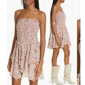 Isabel Marant Etoile Anka Smocked Tiered Cotton Voile Mini Dress Floral Ruffle